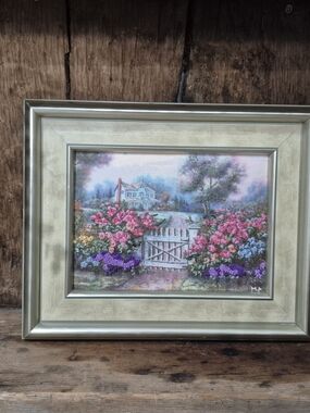 Embroidered Floral Garden Print with White Gate Handmade Professionally Framed
